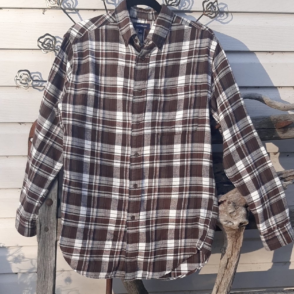 EUC Croft & Barrow FLANNEL Brown/White Plaid 100%COTTON BUTTON DOWN SIZE SMALL